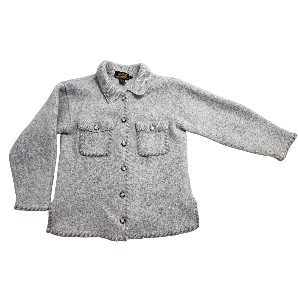 Eddie Bauer Vintage Sweater Jacket Medium Gray Wool Blend Blanket Stitch Pockets